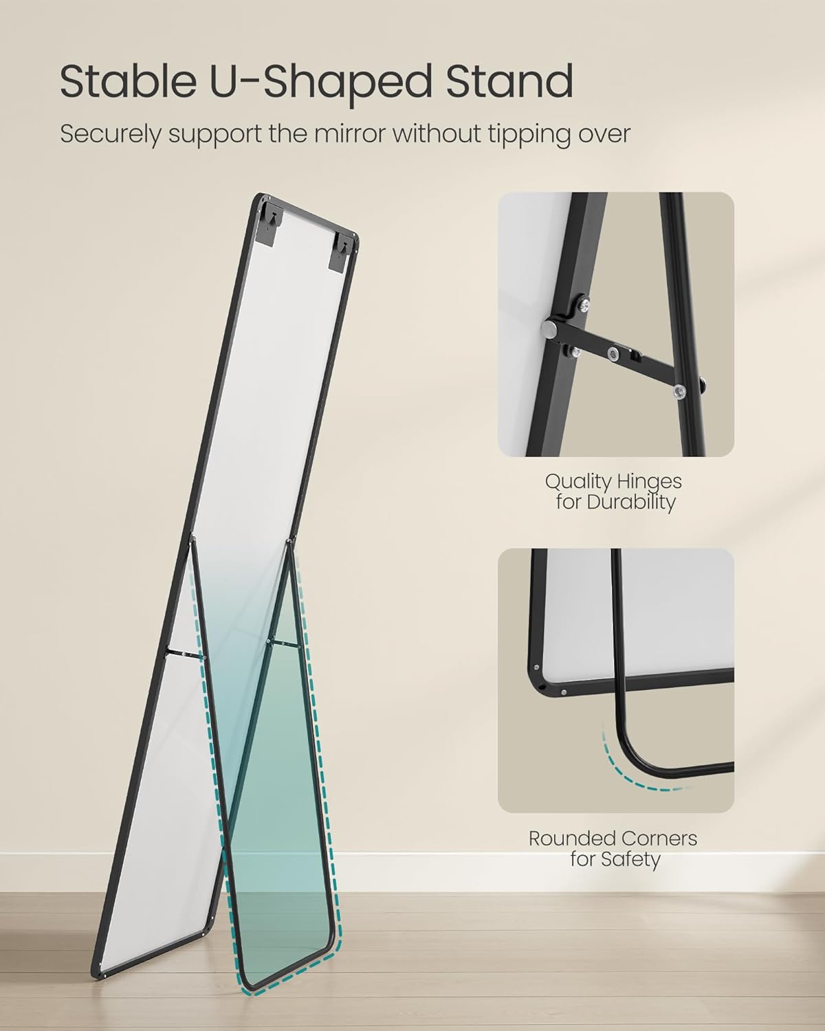 Álló tükör, teljes alakos tükör, 50 x 160 cm,  alumíniumötvözet váz, edzett üveg, fekete-4