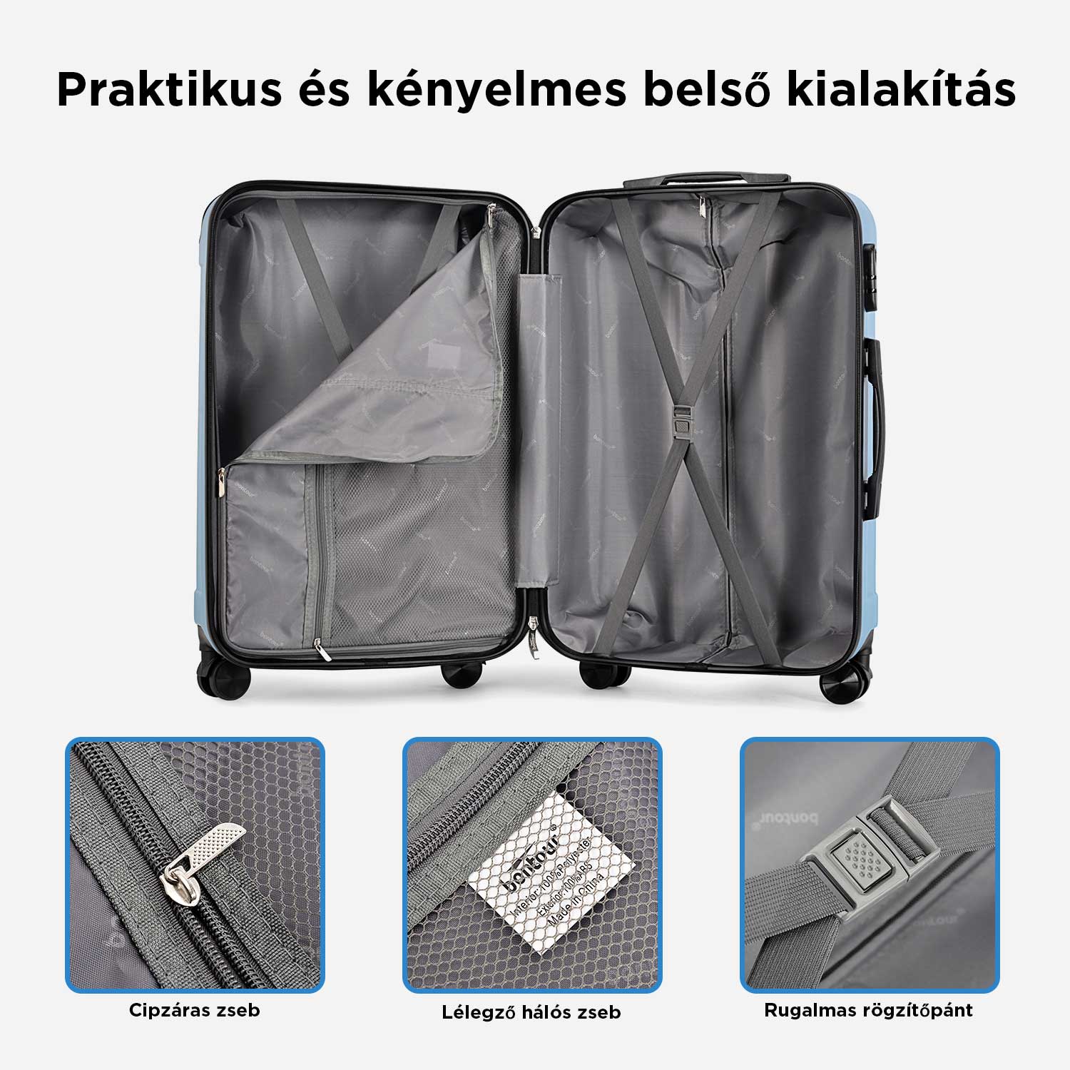 BONTOUR vertical 4 kerekes közepes bőrönd 65x44,5x27cm, m méretű, jégkék-4