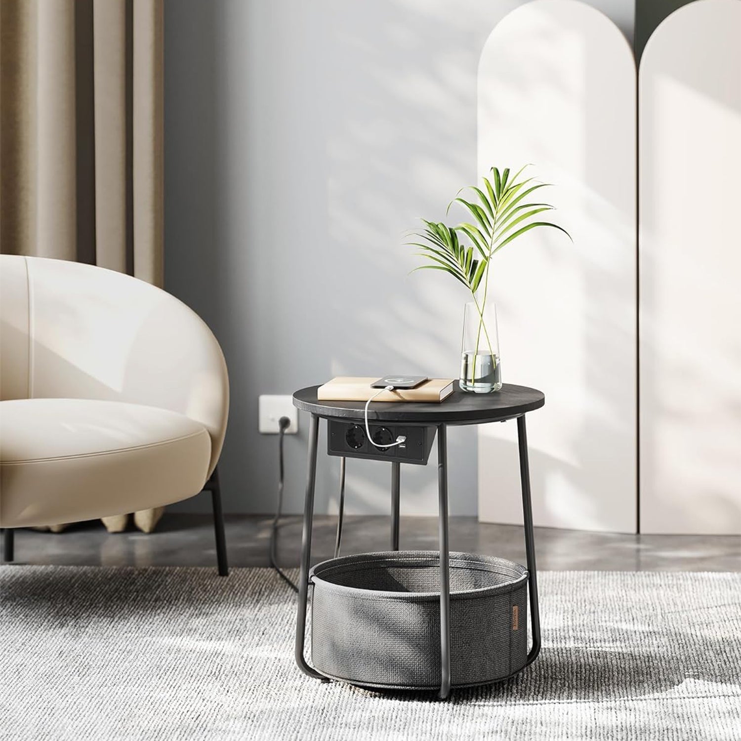 Kerek dohányzóasztal usb töltő porttal, kis asztal aljzattal, ébenfekete-palaszürke-1