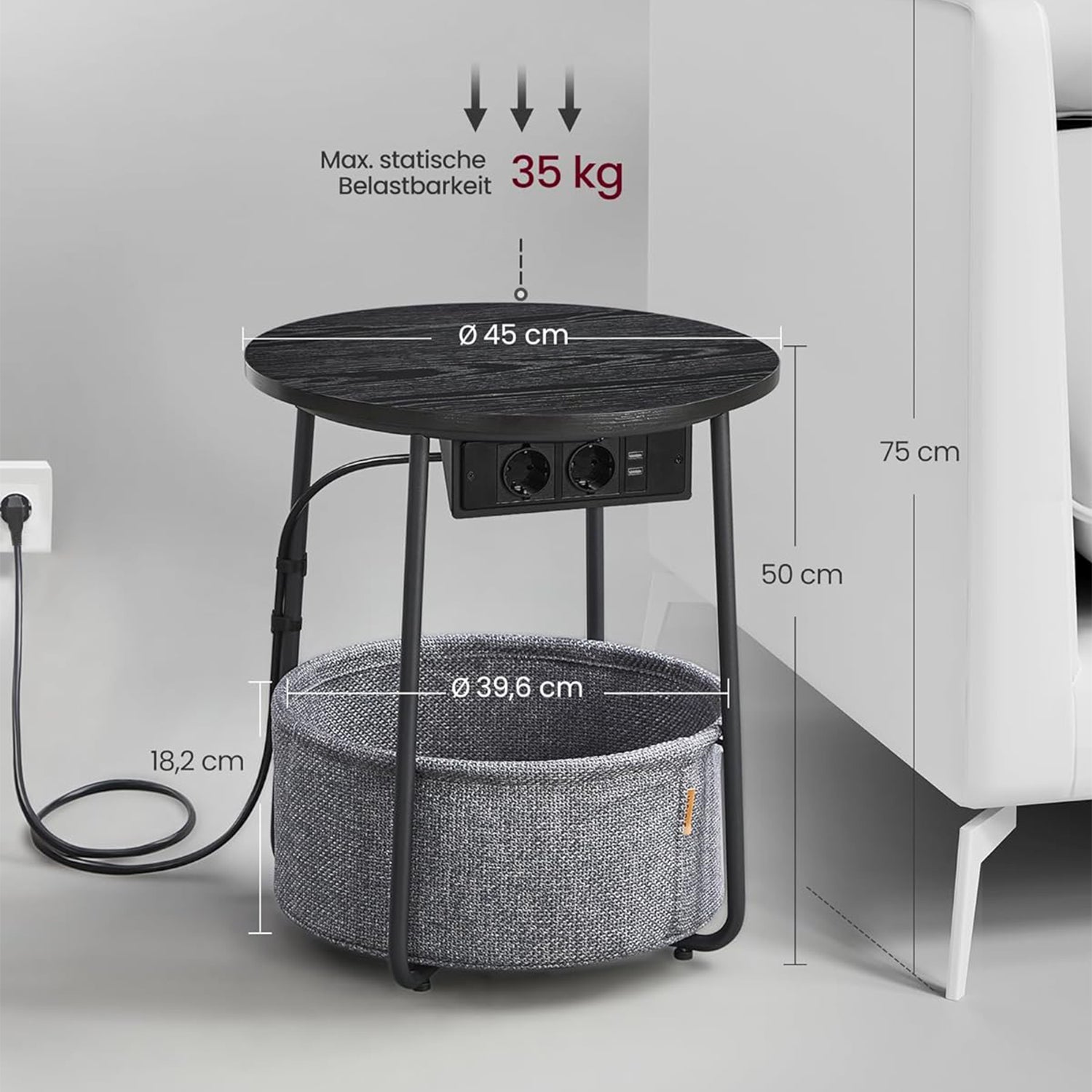 Kerek dohányzóasztal usb töltő porttal, kis asztal aljzattal, ébenfekete-palaszürke-2