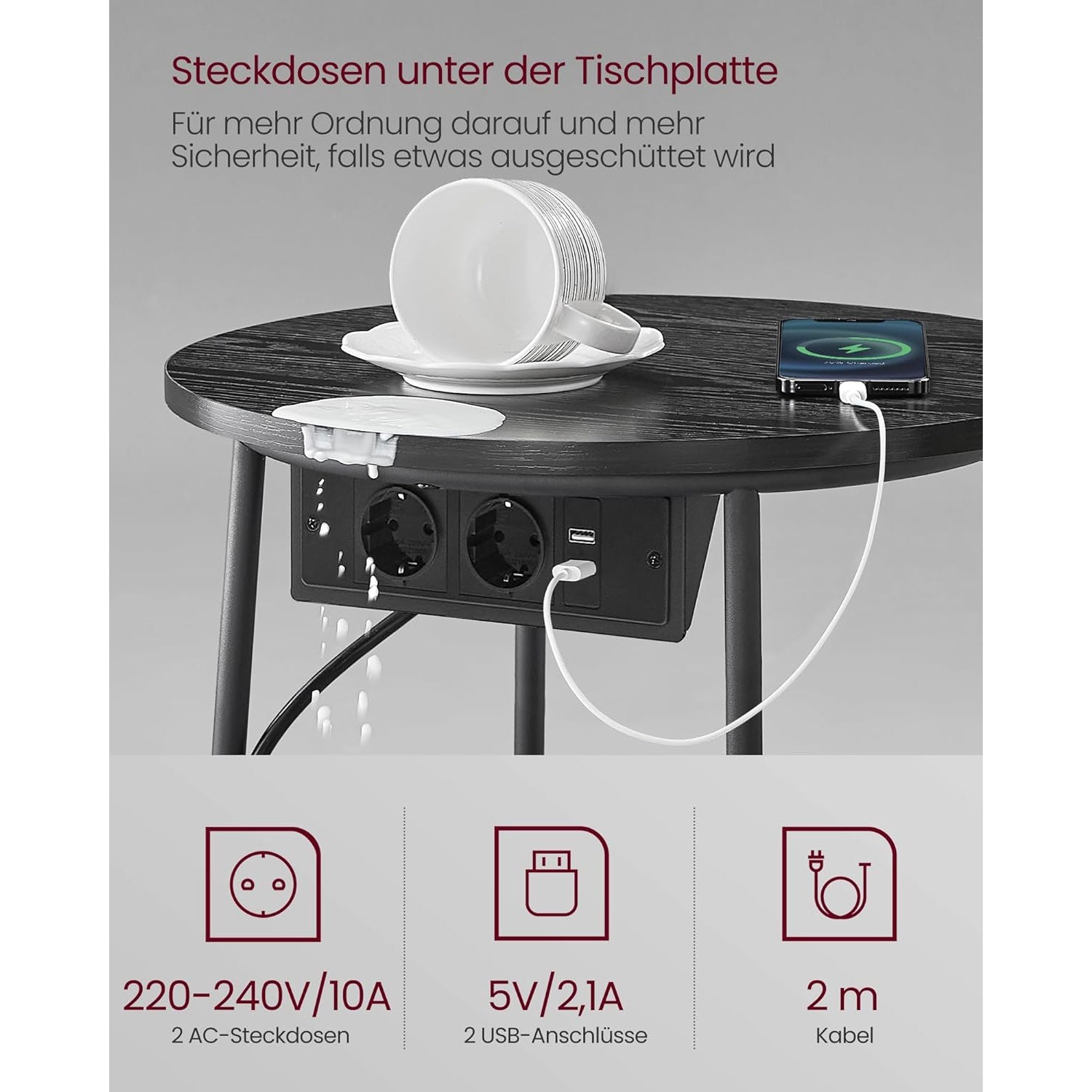 Kerek dohányzóasztal usb töltő porttal, kis asztal aljzattal, ébenfekete-palaszürke-4